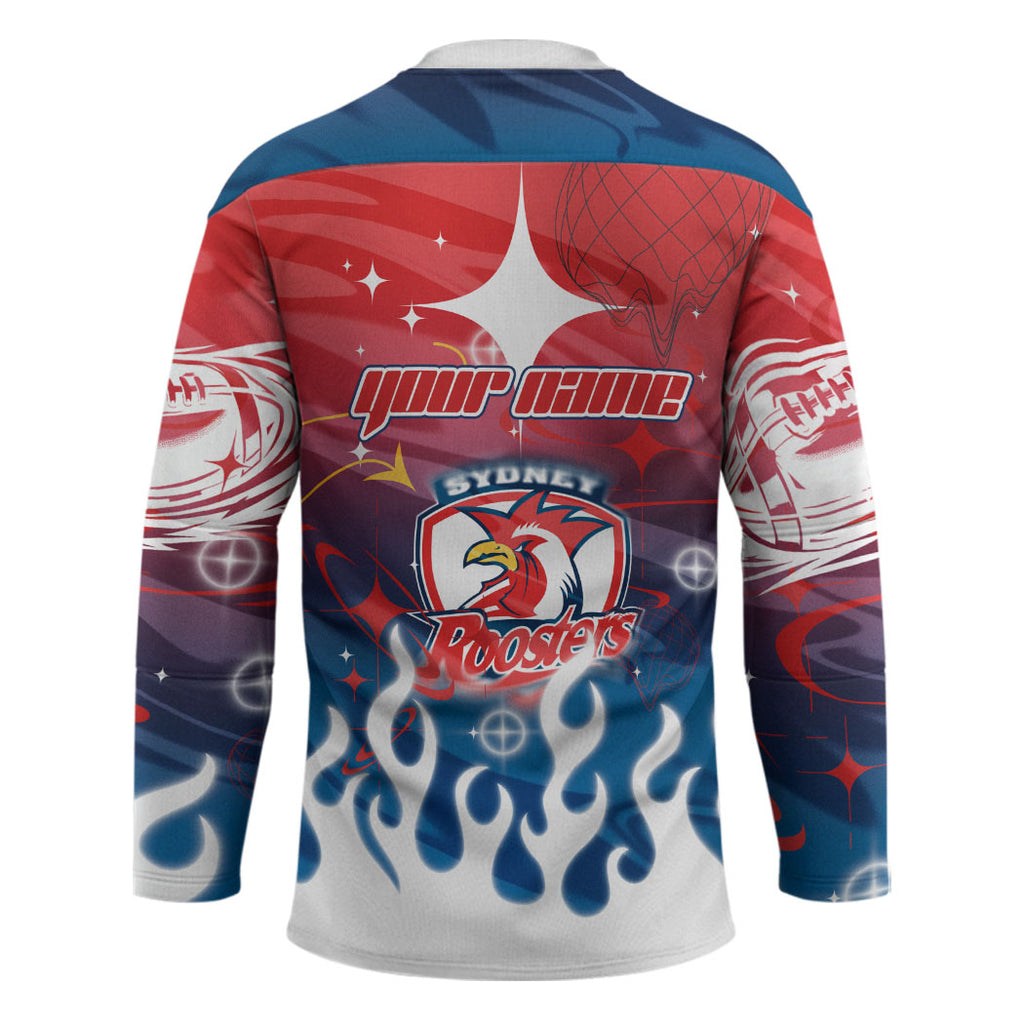 Personalized Sydney Roosters Hockey Jersey Y2K Grunge Aesthetic With Cyber Flames and Starburst Graphics
