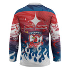 Personalized Sydney Roosters Hockey Jersey Y2K Grunge Aesthetic With Cyber Flames and Starburst Graphics