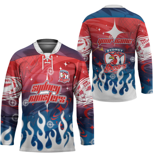 Personalized Sydney Roosters Hockey Jersey Y2K Grunge Aesthetic With Cyber Flames and Starburst Graphics
