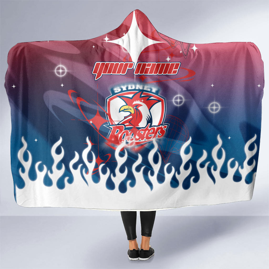 Personalized Sydney Roosters Hooded Blanket Y2K Grunge Aesthetic With Cyber Flames and Starburst Graphics