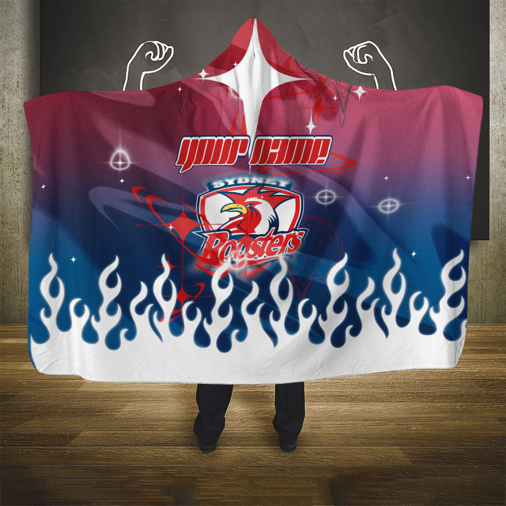 Personalized Sydney Roosters Hooded Blanket Y2K Grunge Aesthetic With Cyber Flames and Starburst Graphics