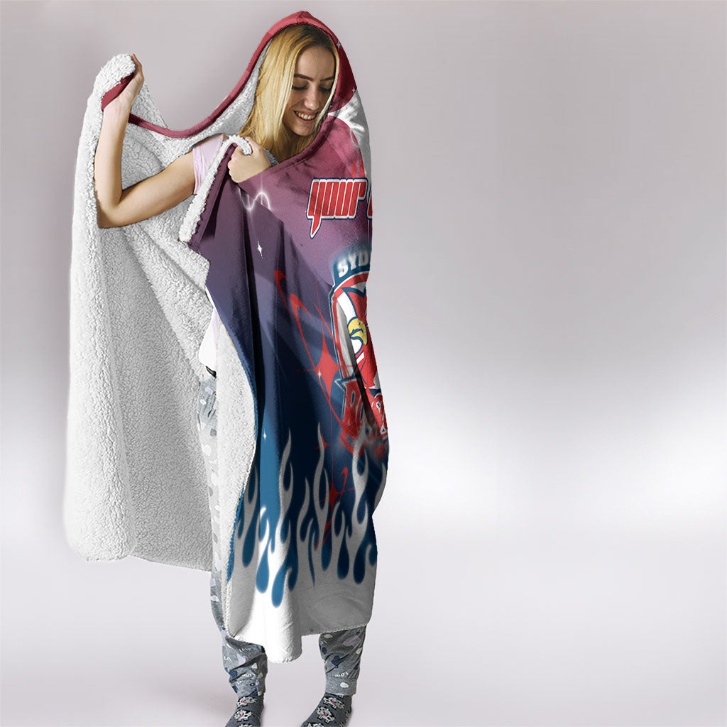 Personalized Sydney Roosters Hooded Blanket Y2K Grunge Aesthetic With Cyber Flames and Starburst Graphics
