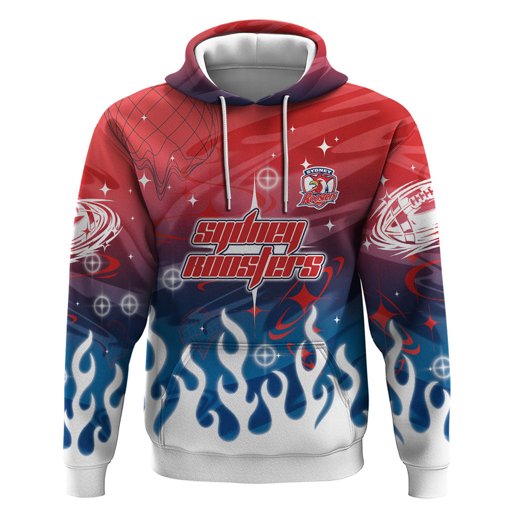 Personalized Sydney Roosters Hoodie Y2K Grunge Aesthetic With Cyber Flames and Starburst Graphics