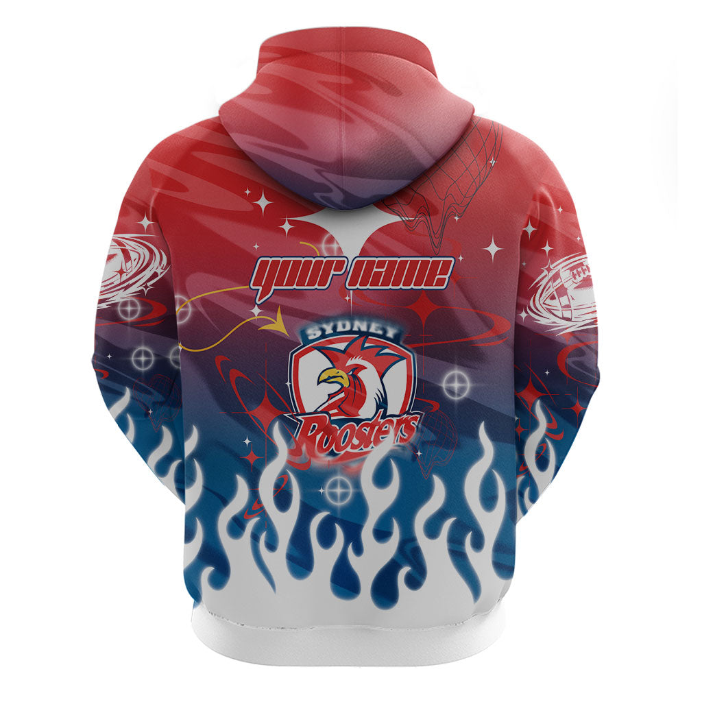 Personalized Sydney Roosters Hoodie Y2K Grunge Aesthetic With Cyber Flames and Starburst Graphics