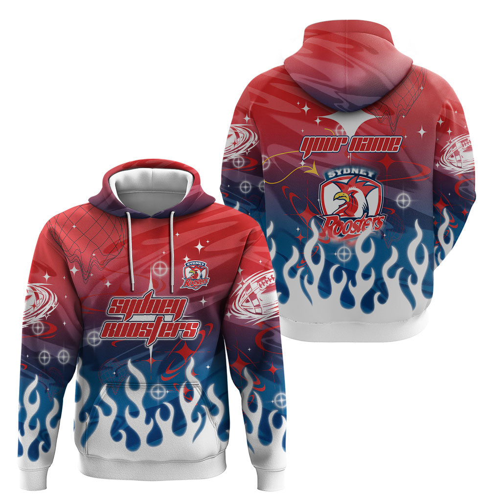 Personalized Sydney Roosters Hoodie Y2K Grunge Aesthetic With Cyber Flames and Starburst Graphics