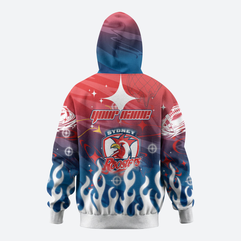 Personalized Sydney Roosters Hoodie Y2K Grunge Aesthetic With Cyber Flames and Starburst Graphics