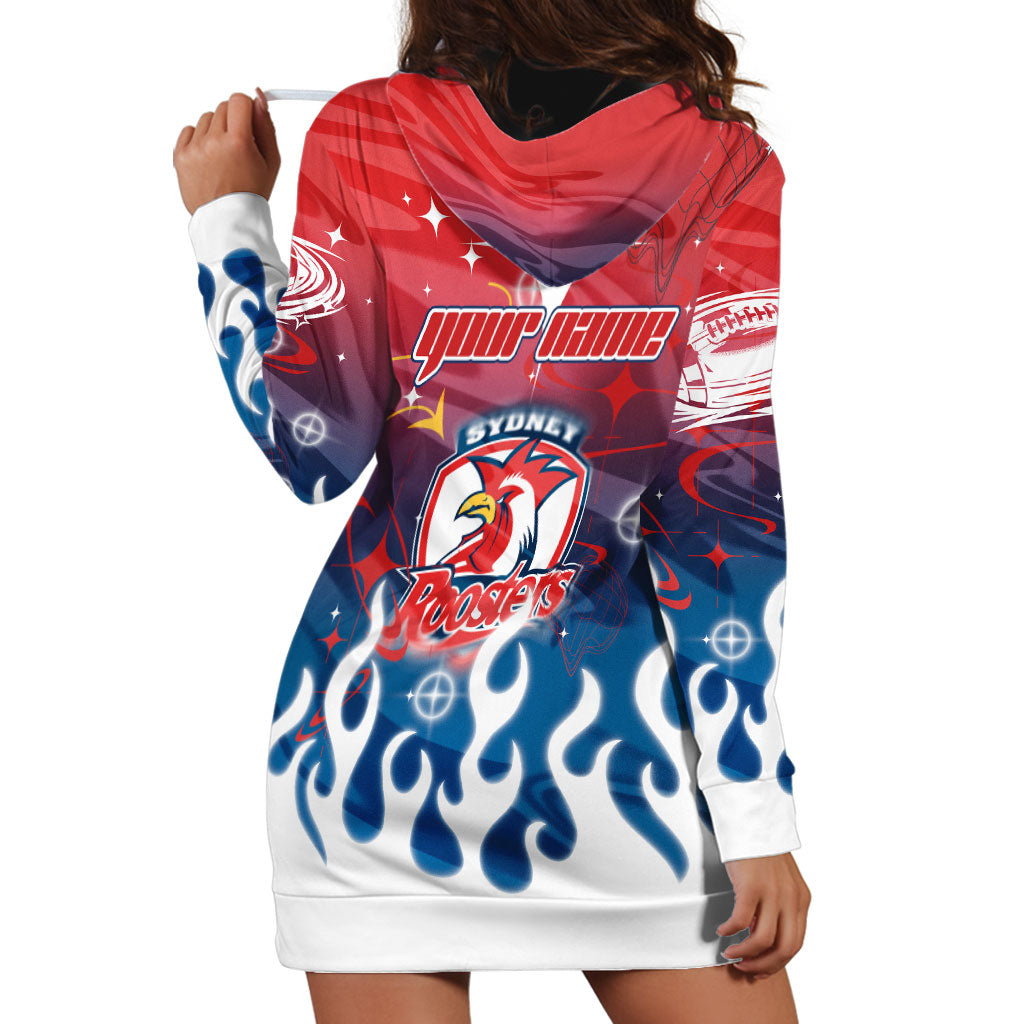 Personalized Sydney Roosters Hoodie Dress Y2K Grunge Aesthetic With Cyber Flames and Starburst Graphics