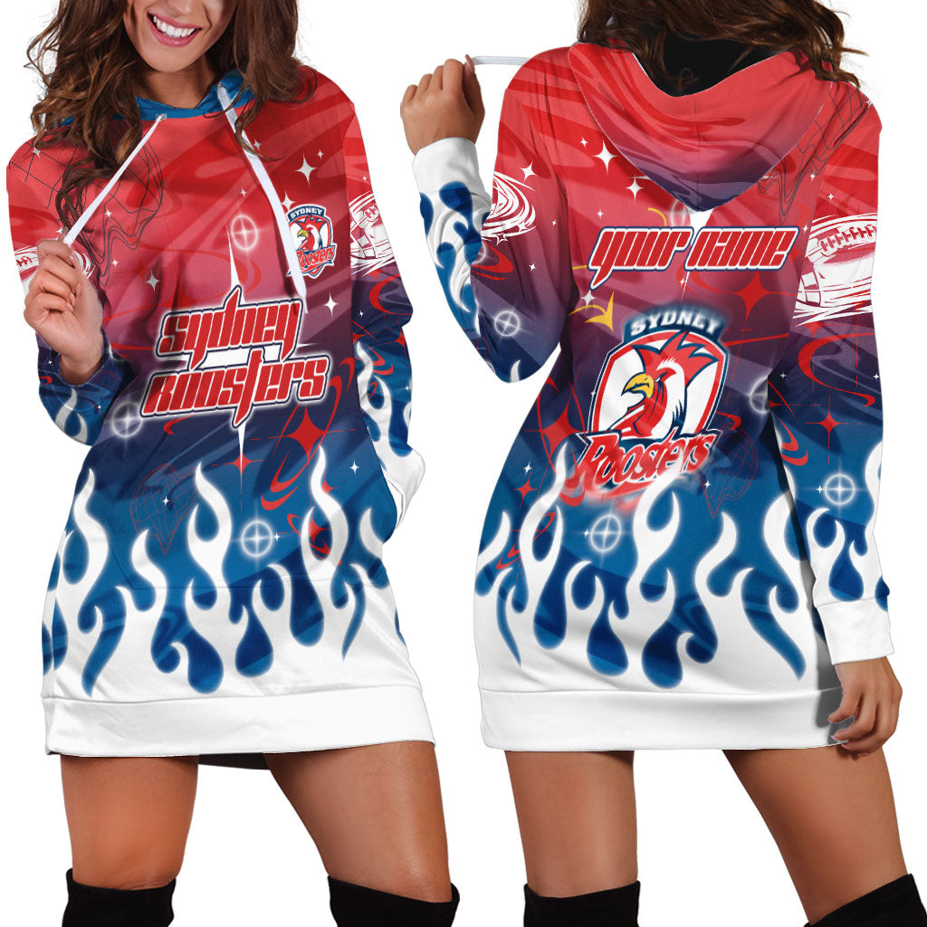 Personalized Sydney Roosters Hoodie Dress Y2K Grunge Aesthetic With Cyber Flames and Starburst Graphics