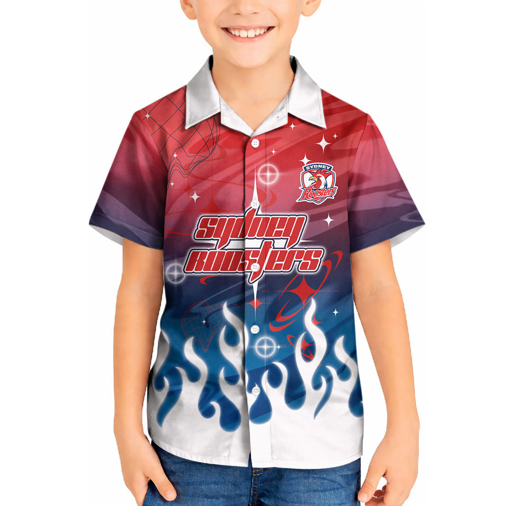 Personalized Sydney Roosters Kid Hawaiian Shirt Y2K Grunge Aesthetic With Cyber Flames and Starburst Graphics