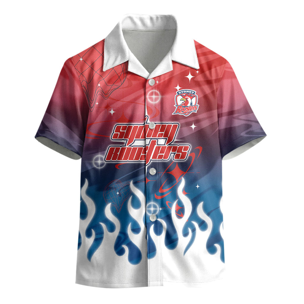 Personalized Sydney Roosters Kid Hawaiian Shirt Y2K Grunge Aesthetic With Cyber Flames and Starburst Graphics