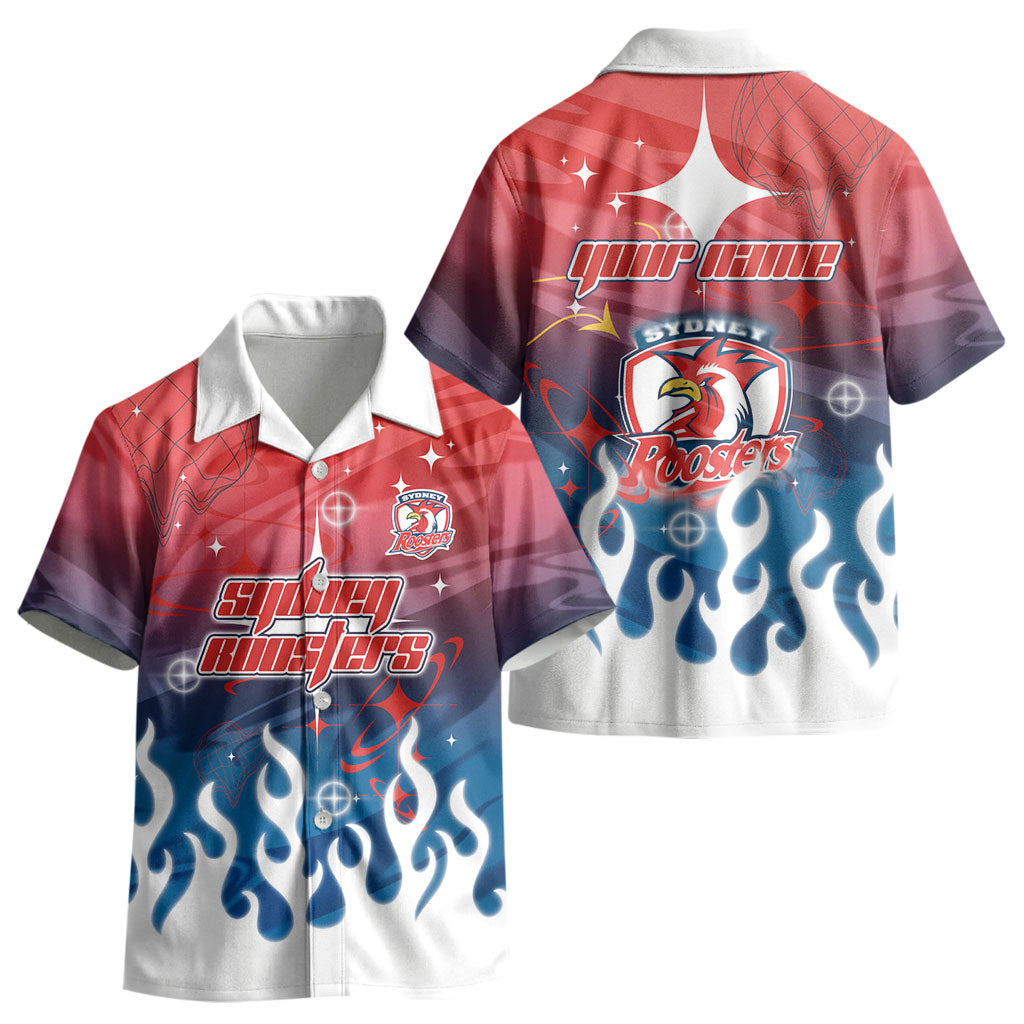 Personalized Sydney Roosters Kid Hawaiian Shirt Y2K Grunge Aesthetic With Cyber Flames and Starburst Graphics