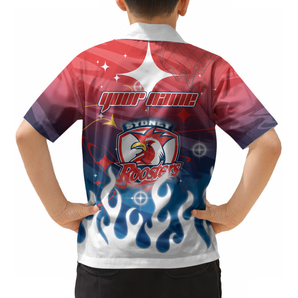 Personalized Sydney Roosters Kid Hawaiian Shirt Y2K Grunge Aesthetic With Cyber Flames and Starburst Graphics