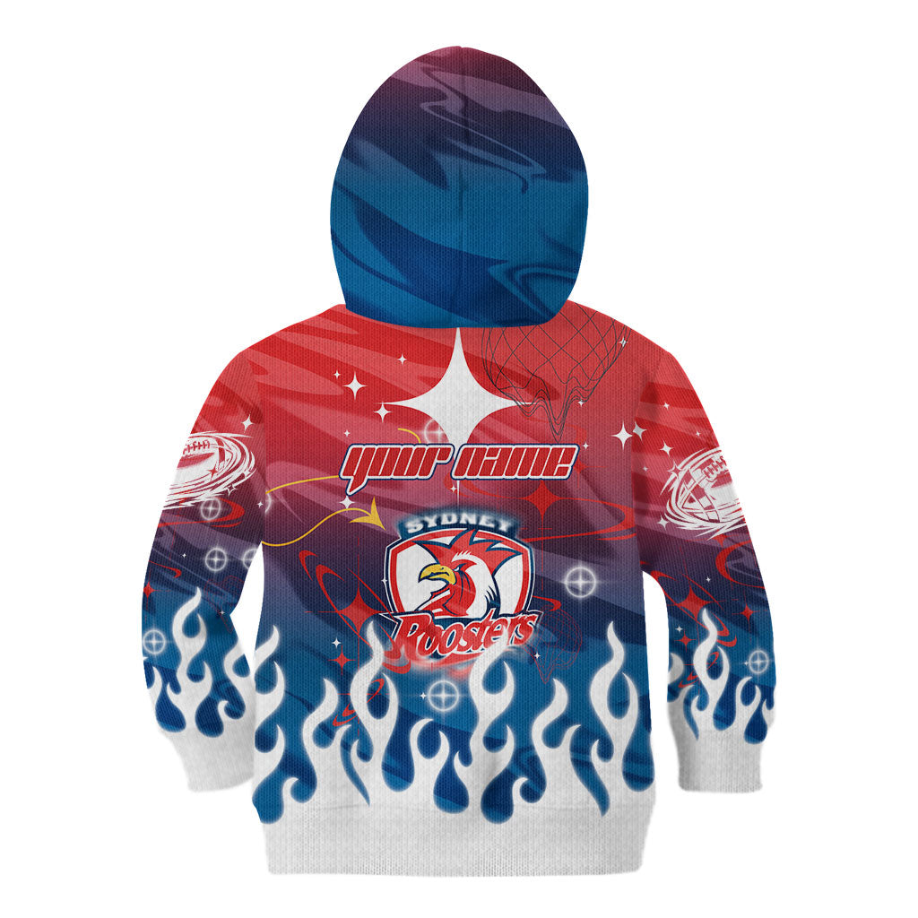 Personalized Sydney Roosters Kid Hoodie Y2K Grunge Aesthetic With Cyber Flames and Starburst Graphics