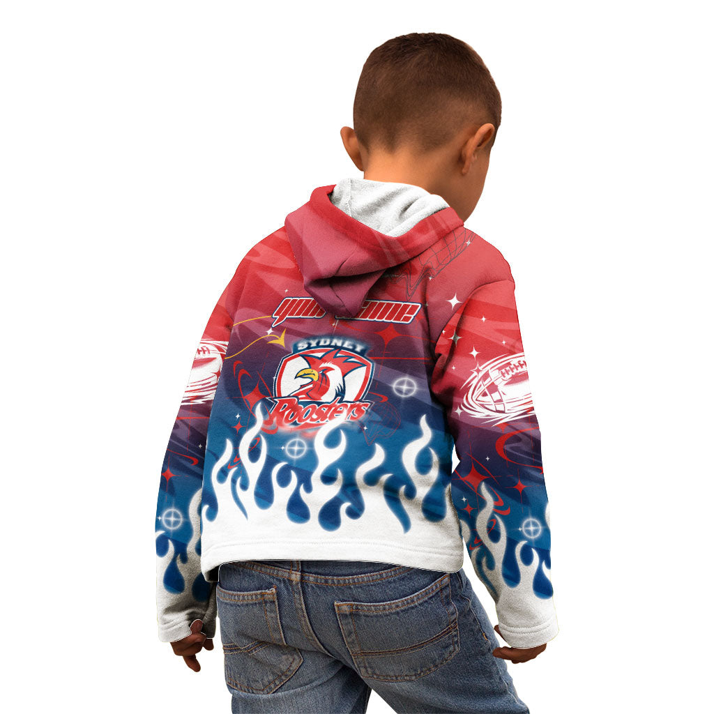 Personalized Sydney Roosters Kid Hoodie Y2K Grunge Aesthetic With Cyber Flames and Starburst Graphics