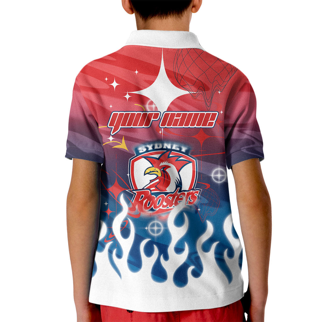 Personalized Sydney Roosters Kid Polo Shirt Y2K Grunge Aesthetic With Cyber Flames and Starburst Graphics