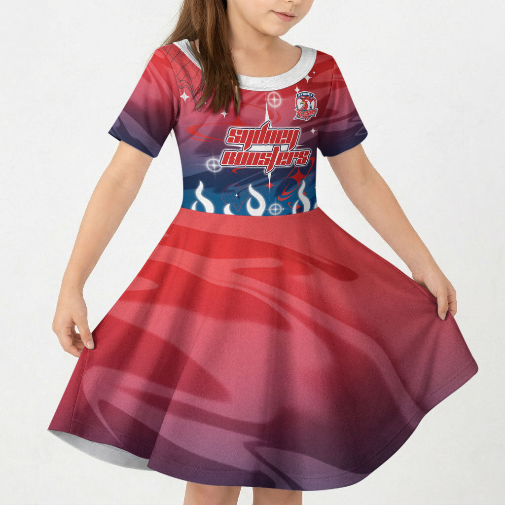 Personalized Sydney Roosters Kid Short Sleeve Dress Y2K Grunge Aesthetic With Cyber Flames and Starburst Graphics