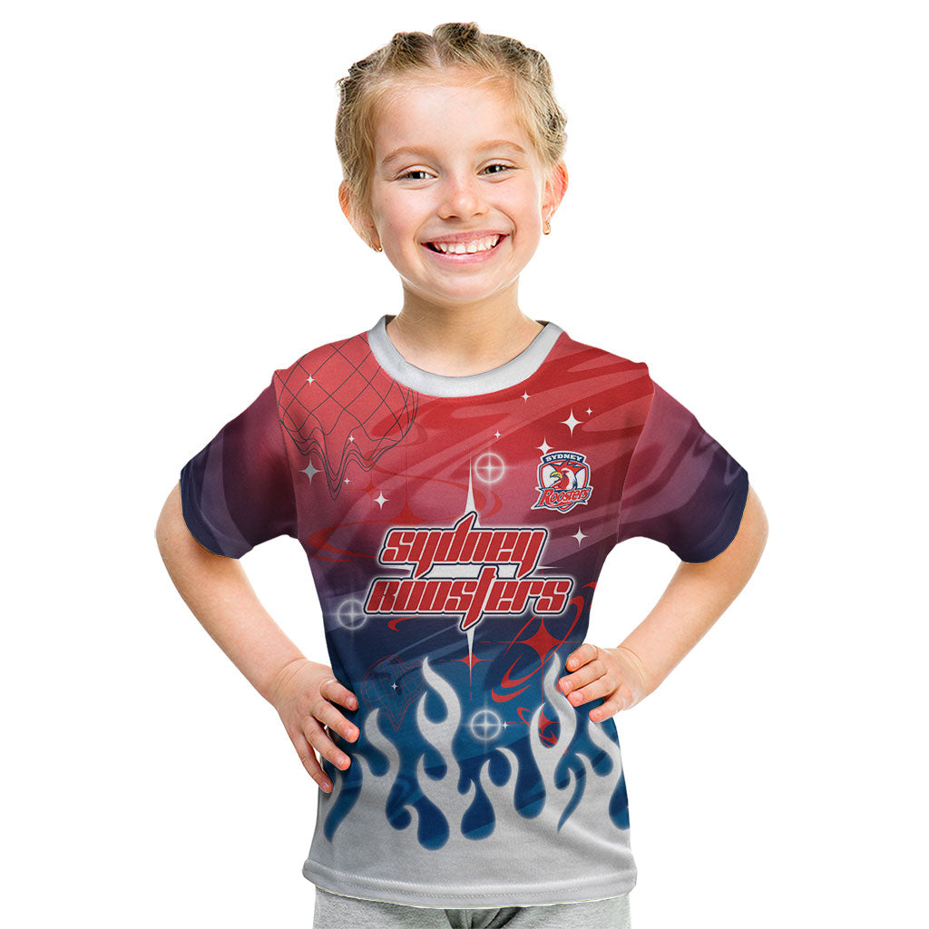 Personalized Sydney Roosters Kid T Shirt Y2K Grunge Aesthetic With Cyber Flames and Starburst Graphics