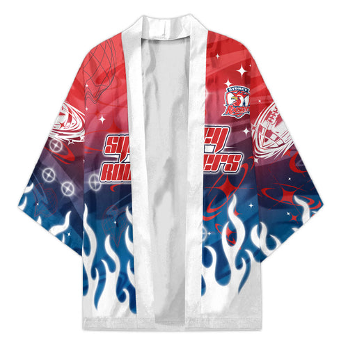 Personalized Sydney Roosters Kimono Y2K Grunge Aesthetic With Cyber Flames and Starburst Graphics