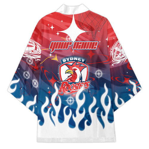 Personalized Sydney Roosters Kimono Y2K Grunge Aesthetic With Cyber Flames and Starburst Graphics