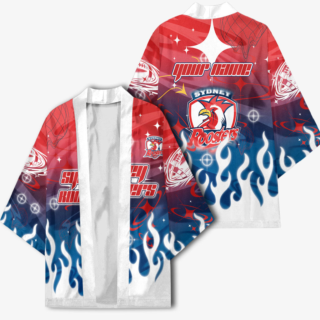 Personalized Sydney Roosters Kimono Y2K Grunge Aesthetic With Cyber Flames and Starburst Graphics