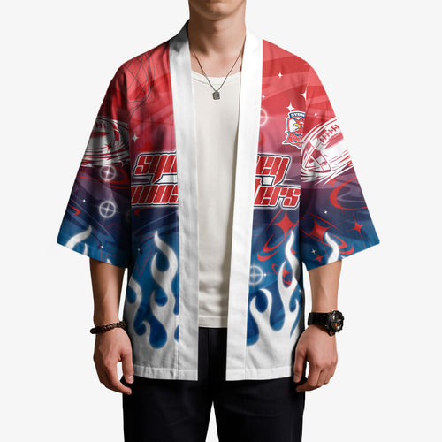 Personalized Sydney Roosters Kimono Y2K Grunge Aesthetic With Cyber Flames and Starburst Graphics