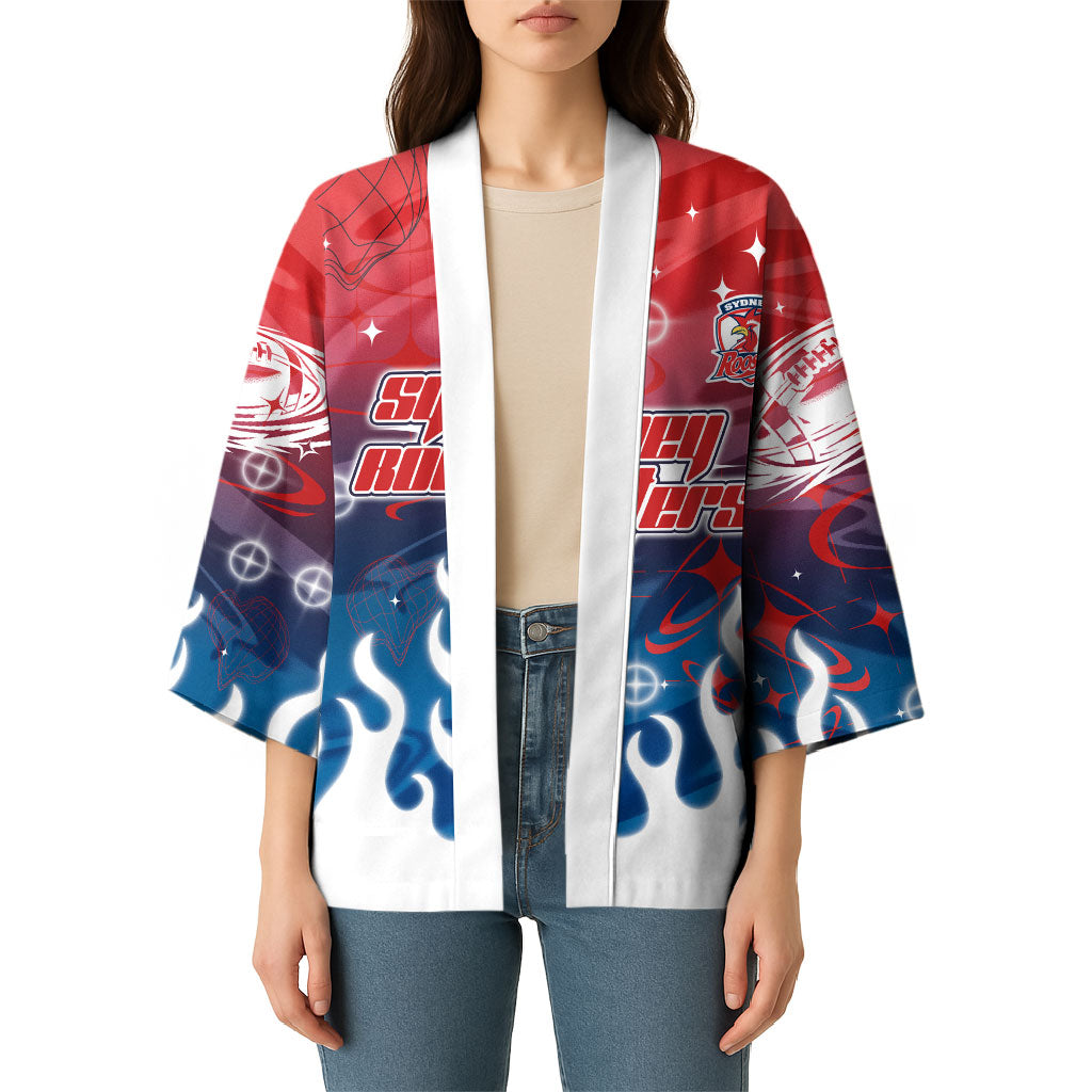 Personalized Sydney Roosters Kimono Y2K Grunge Aesthetic With Cyber Flames and Starburst Graphics