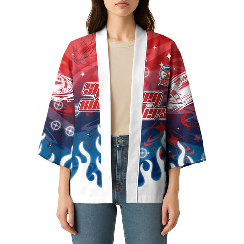 Personalized Sydney Roosters Kimono Y2K Grunge Aesthetic With Cyber Flames and Starburst Graphics