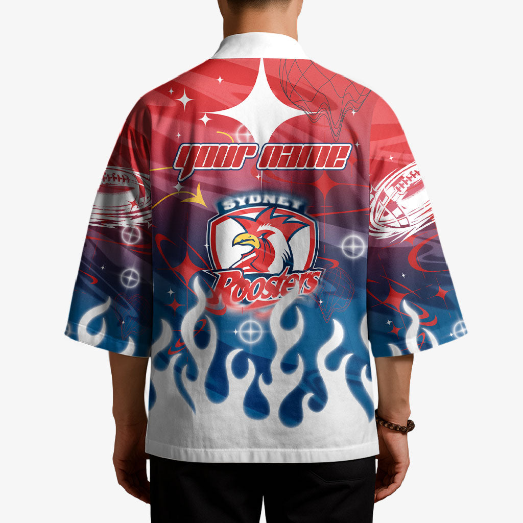 Personalized Sydney Roosters Kimono Y2K Grunge Aesthetic With Cyber Flames and Starburst Graphics