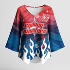 Personalized Sydney Roosters Kimono Sleeve Blouse Y2K Grunge Aesthetic With Cyber Flames and Starburst Graphics