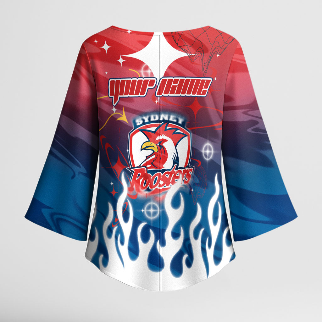 Personalized Sydney Roosters Kimono Sleeve Blouse Y2K Grunge Aesthetic With Cyber Flames and Starburst Graphics