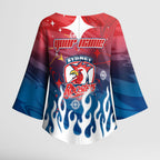 Personalized Sydney Roosters Kimono Sleeve Blouse Y2K Grunge Aesthetic With Cyber Flames and Starburst Graphics