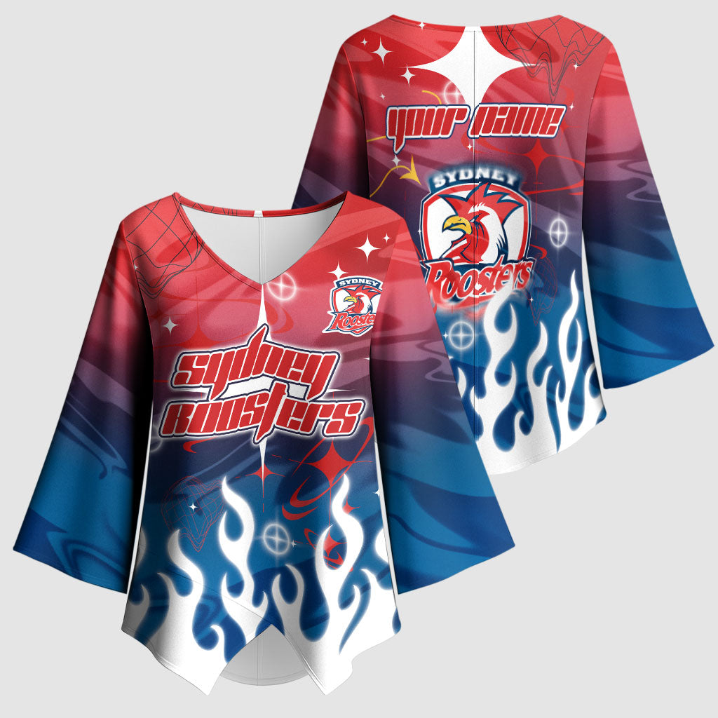 Personalized Sydney Roosters Kimono Sleeve Blouse Y2K Grunge Aesthetic With Cyber Flames and Starburst Graphics