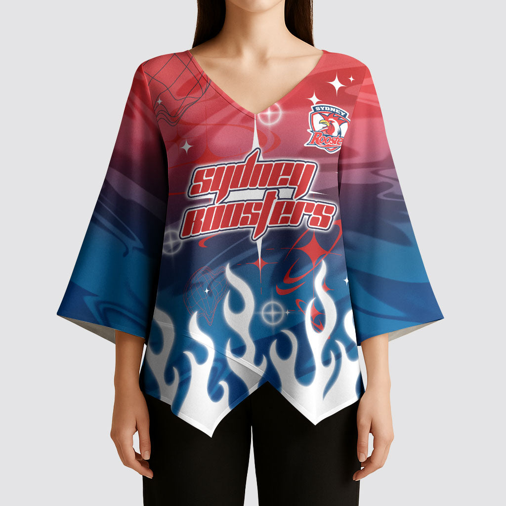 Personalized Sydney Roosters Kimono Sleeve Blouse Y2K Grunge Aesthetic With Cyber Flames and Starburst Graphics