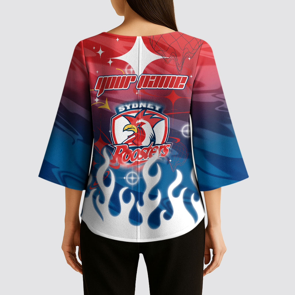 Personalized Sydney Roosters Kimono Sleeve Blouse Y2K Grunge Aesthetic With Cyber Flames and Starburst Graphics