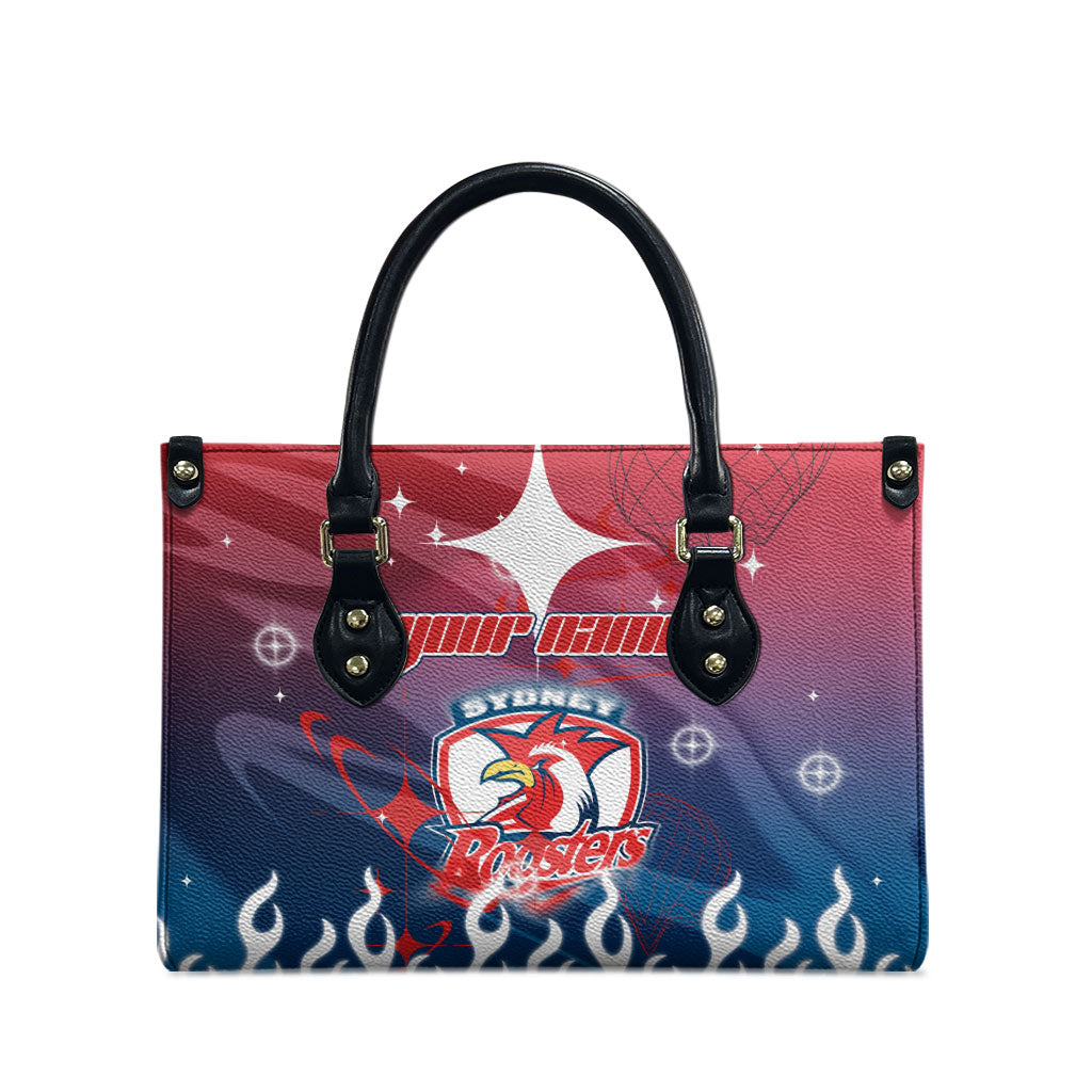 Personalized Sydney Roosters Leather Bag Y2K Grunge Aesthetic With Cyber Flames and Starburst Graphics