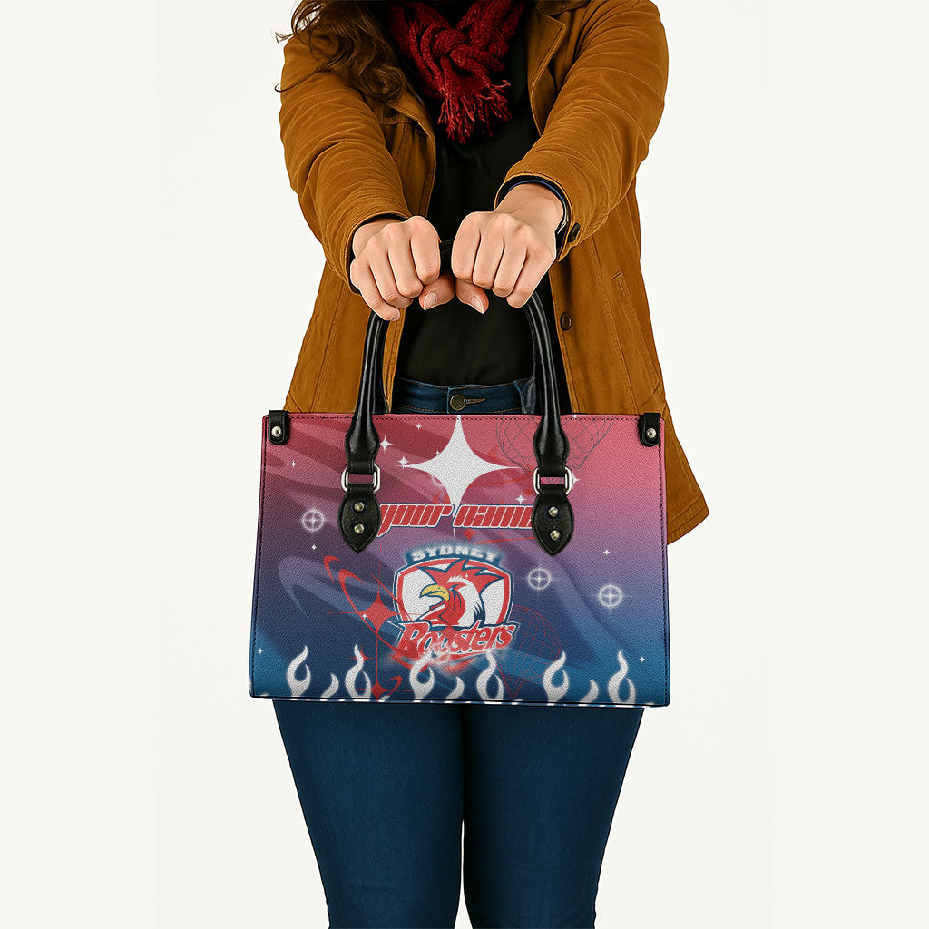 Personalized Sydney Roosters Leather Bag Y2K Grunge Aesthetic With Cyber Flames and Starburst Graphics