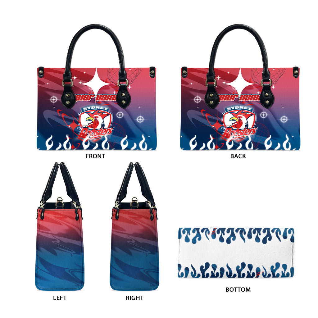 Personalized Sydney Roosters Leather Bag Y2K Grunge Aesthetic With Cyber Flames and Starburst Graphics