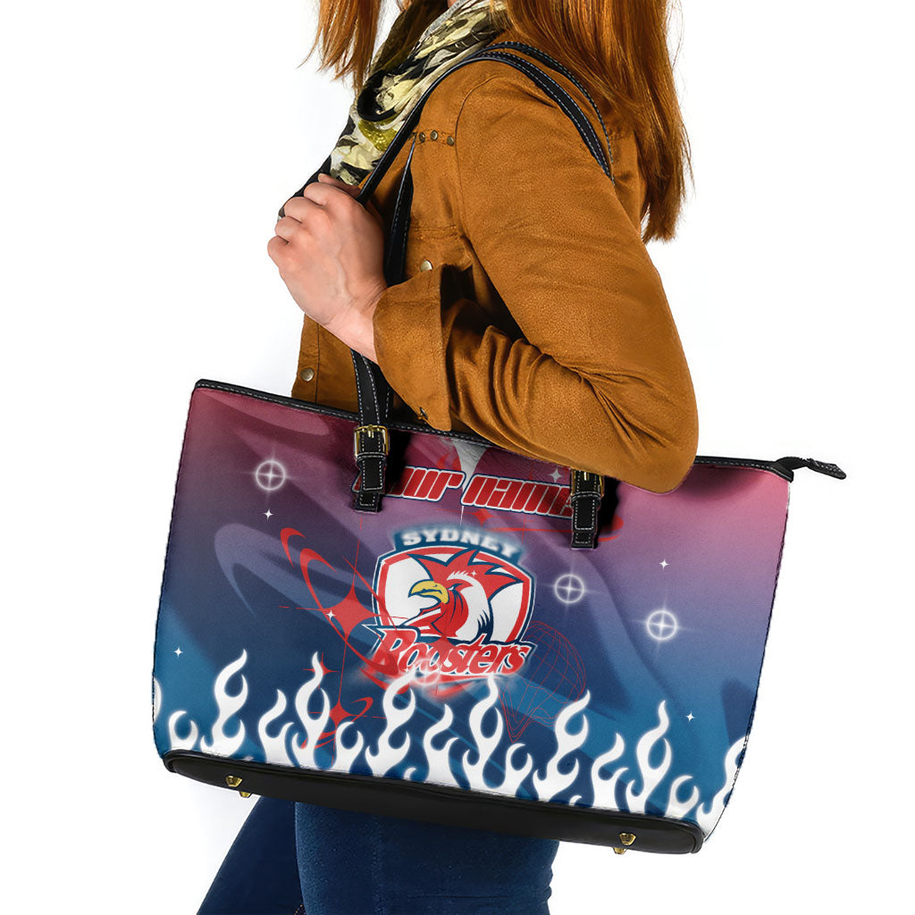 Personalized Sydney Roosters Leather Tote Bag Y2K Grunge Aesthetic With Cyber Flames and Starburst Graphics