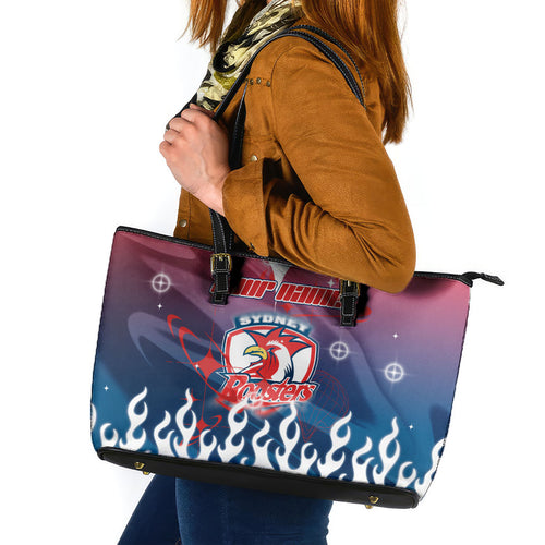 Personalized Sydney Roosters Leather Tote Bag Y2K Grunge Aesthetic With Cyber Flames and Starburst Graphics
