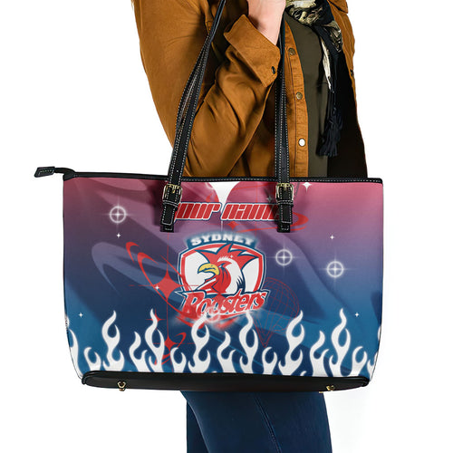 Personalized Sydney Roosters Leather Tote Bag Y2K Grunge Aesthetic With Cyber Flames and Starburst Graphics