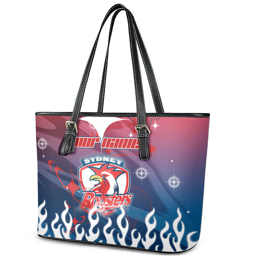 Personalized Sydney Roosters Leather Tote Bag Y2K Grunge Aesthetic With Cyber Flames and Starburst Graphics