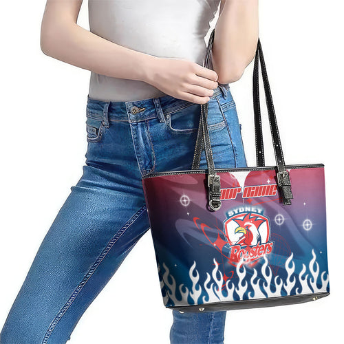 Personalized Sydney Roosters Leather Tote Bag Y2K Grunge Aesthetic With Cyber Flames and Starburst Graphics