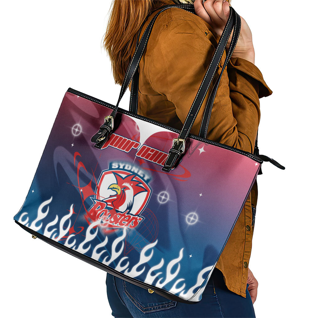 Personalized Sydney Roosters Leather Tote Bag Y2K Grunge Aesthetic With Cyber Flames and Starburst Graphics