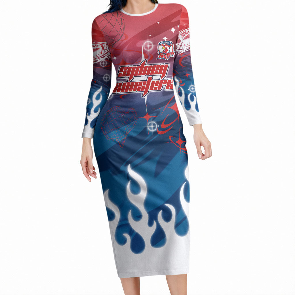 Personalized Sydney Roosters Long Sleeve Bodycon Dress Y2K Grunge Aesthetic With Cyber Flames and Starburst Graphics