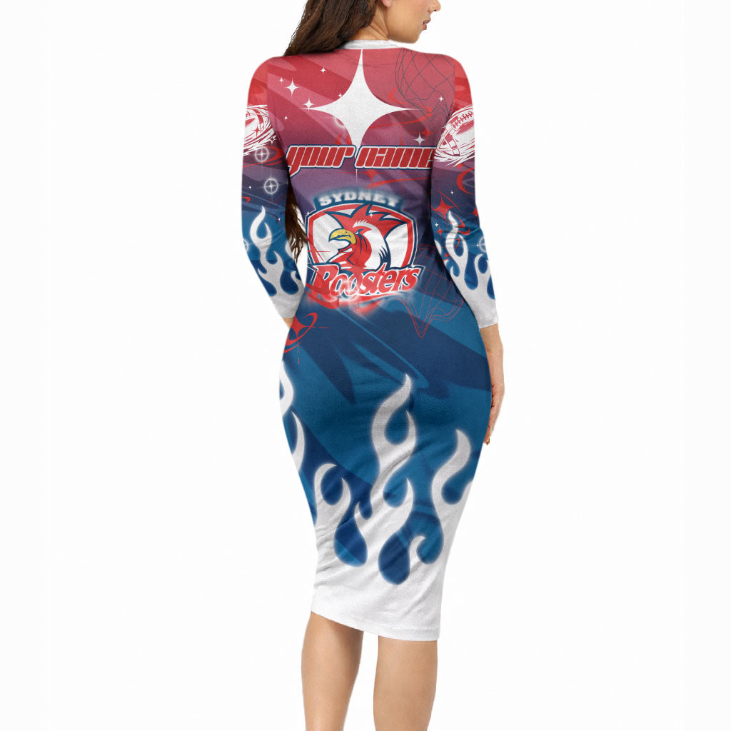 Personalized Sydney Roosters Long Sleeve Bodycon Dress Y2K Grunge Aesthetic With Cyber Flames and Starburst Graphics