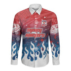 Personalized Sydney Roosters Long Sleeve Button Shirt Y2K Grunge Aesthetic With Cyber Flames and Starburst Graphics