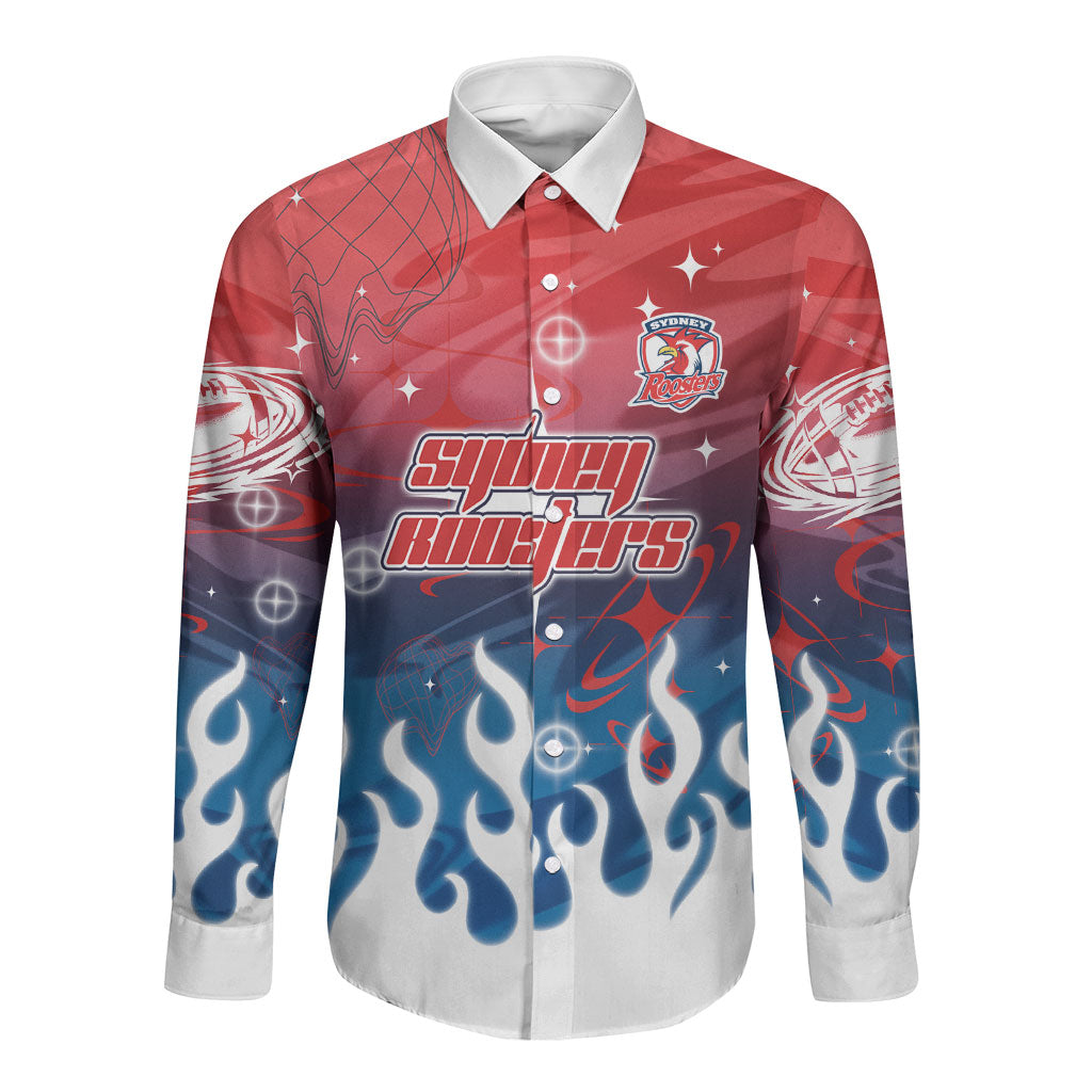 Personalized Sydney Roosters Long Sleeve Button Shirt Y2K Grunge Aesthetic With Cyber Flames and Starburst Graphics