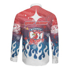 Personalized Sydney Roosters Long Sleeve Button Shirt Y2K Grunge Aesthetic With Cyber Flames and Starburst Graphics