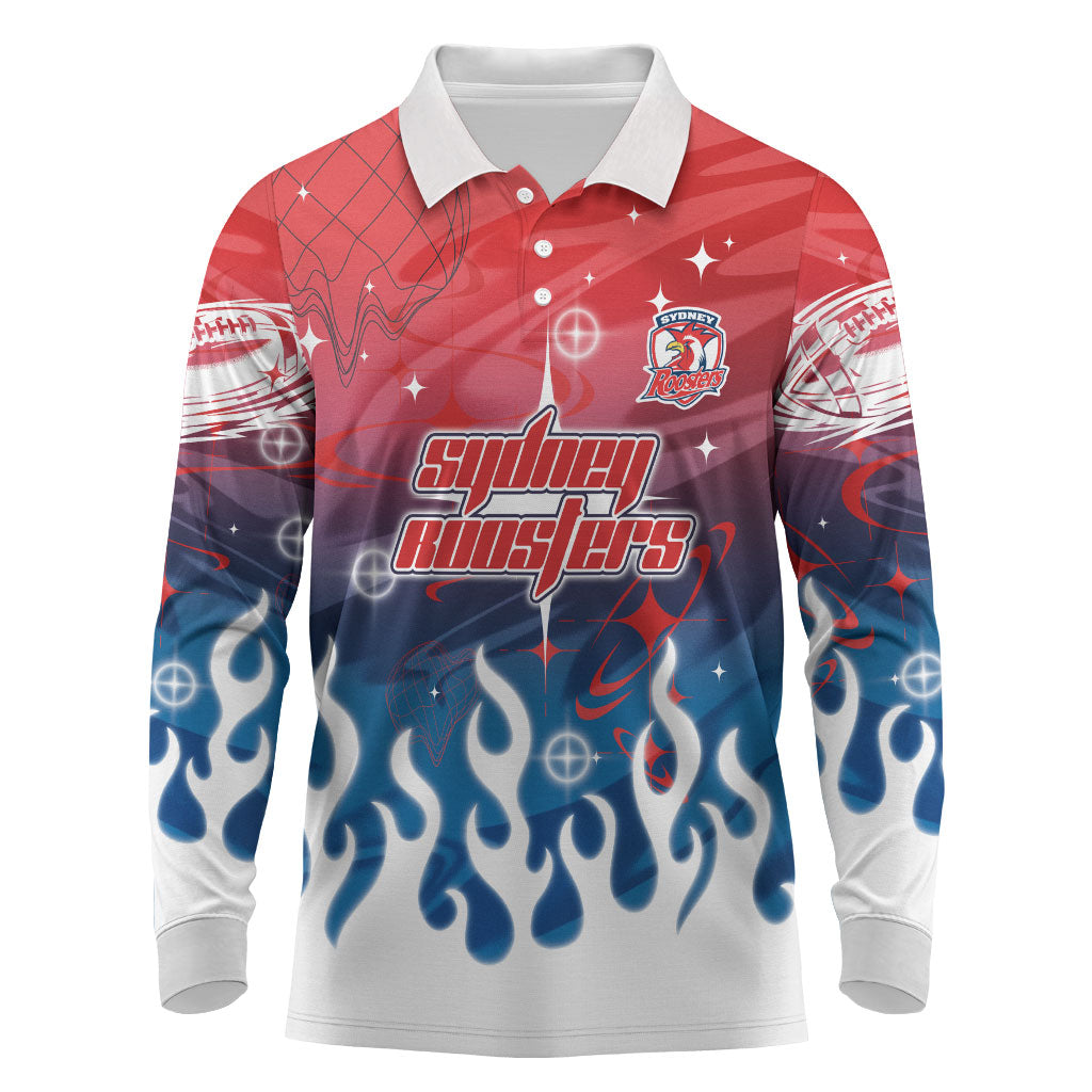 Personalized Sydney Roosters Long Sleeve Polo Shirt Y2K Grunge Aesthetic With Cyber Flames and Starburst Graphics