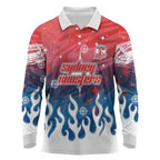 Personalized Sydney Roosters Long Sleeve Polo Shirt Y2K Grunge Aesthetic With Cyber Flames and Starburst Graphics